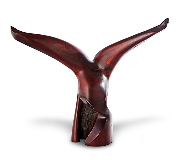 Wood sculpture Catch of the Day, resembling a bird of prey, raising its wings. The wood is dark brown. with a fine finished surface. View is from the front.